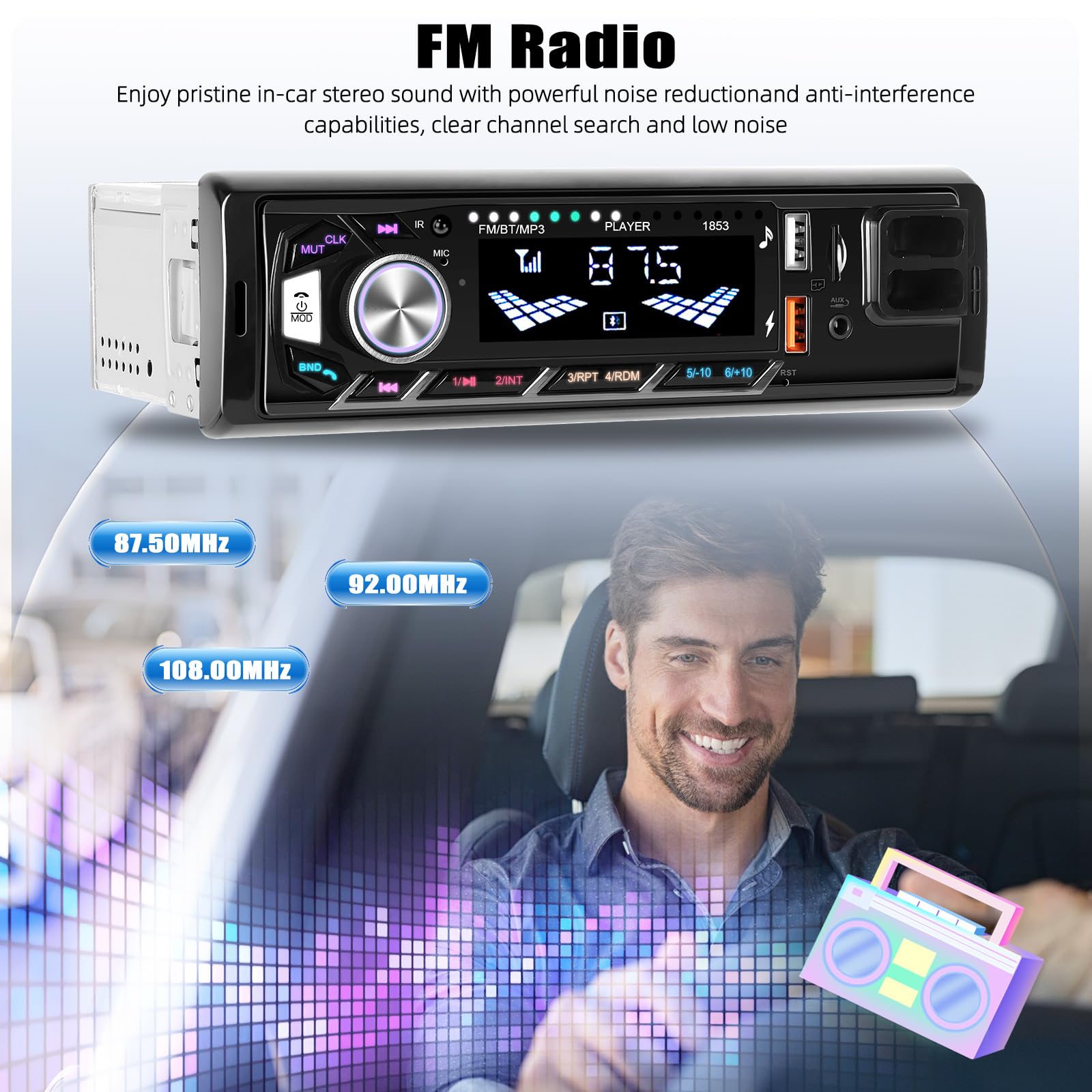 CAMECHO Autoradio 1 Din Bluetooth 5.0 mit Handyhalterung, Autoradio mit Bluetooth Freisprecheinrichtung, MP3 Tuner mit U Disk/FM/TF-Karte/AUX/2 USB 7 Backlight, 4 * 45W