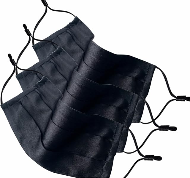 Lang Horn Silk satin Face Mask, Sensitive Skin, 4 layered, Adjustable Straps, Nosewire, Washable Re-useable UK (3 Pc Black)