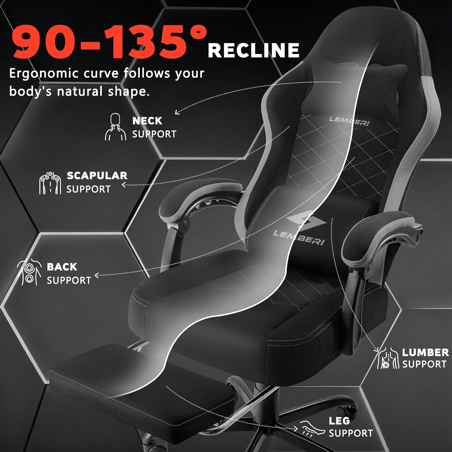 LEMBERI Gaming Chair, Fabric Big and Tall Video Game Chairs with Footrest, Massage Lumbar Support, Racing Style Ergonomic Computer Gamer Chair with Adjustable Headrest (Gray)