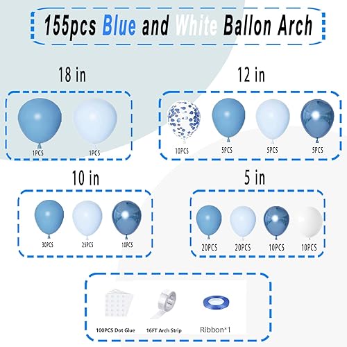 Miniatura 2 de Kit de guirnalda de arco de globos azules, 155 globos de confeti azul pastel, globos metálicos de confeti de macarrón para bebé, cumpleaños, boda,