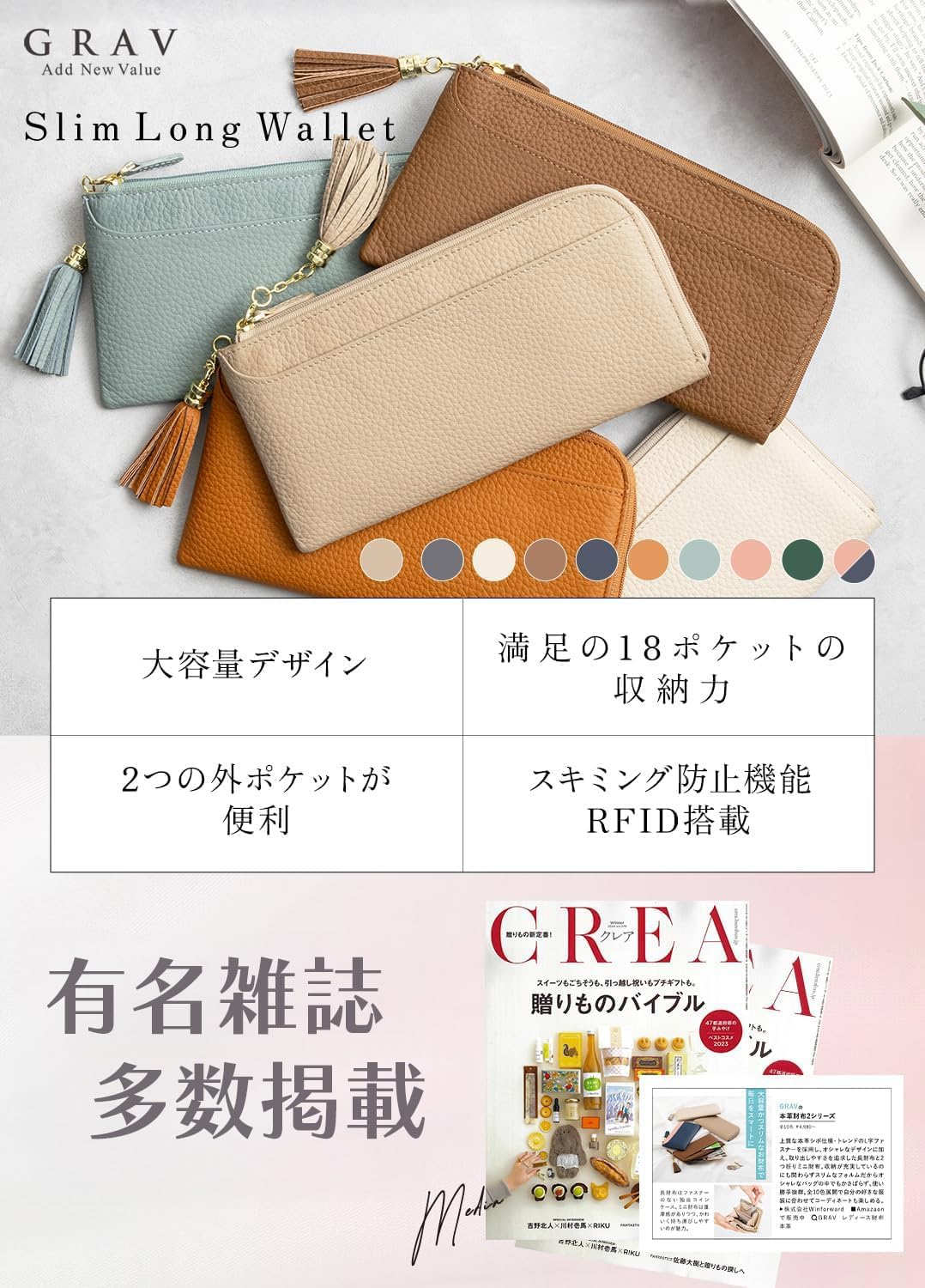 [GRAV]【手になじむ柔らかな手触り】(雑誌掲載品) レディース長財布 本革 (薄くて軽い) レディース 薄型 薄い 軽量 スキミング防止 L字ファスナー ミニマル スリム 薄型ウォレット 小銭入れ 札入れ お札入れ 大容量 カード入れ ギフト (ネイビー＆ピンク)