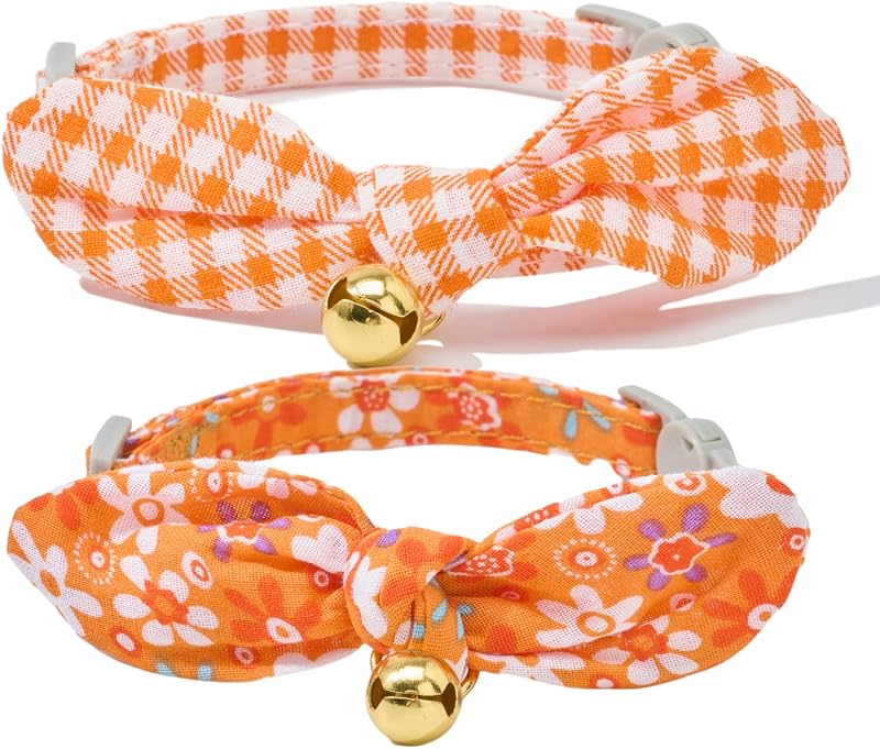 Coleira para Gatos de Algodão com Laço Removível, Fecho de Segurança e Guizo Petiry, Laranja Xadrez e Floral, Pacote com 2