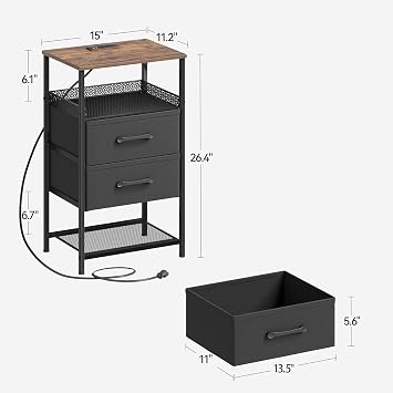 JARHETUN Nightstand Set 2 with Charging Station, Night Stand with LED Lights, Side Table with Fabirc Drawers, 3-Tier Storage End Table, Bedside Tables for Bedroom, Rustic Brown