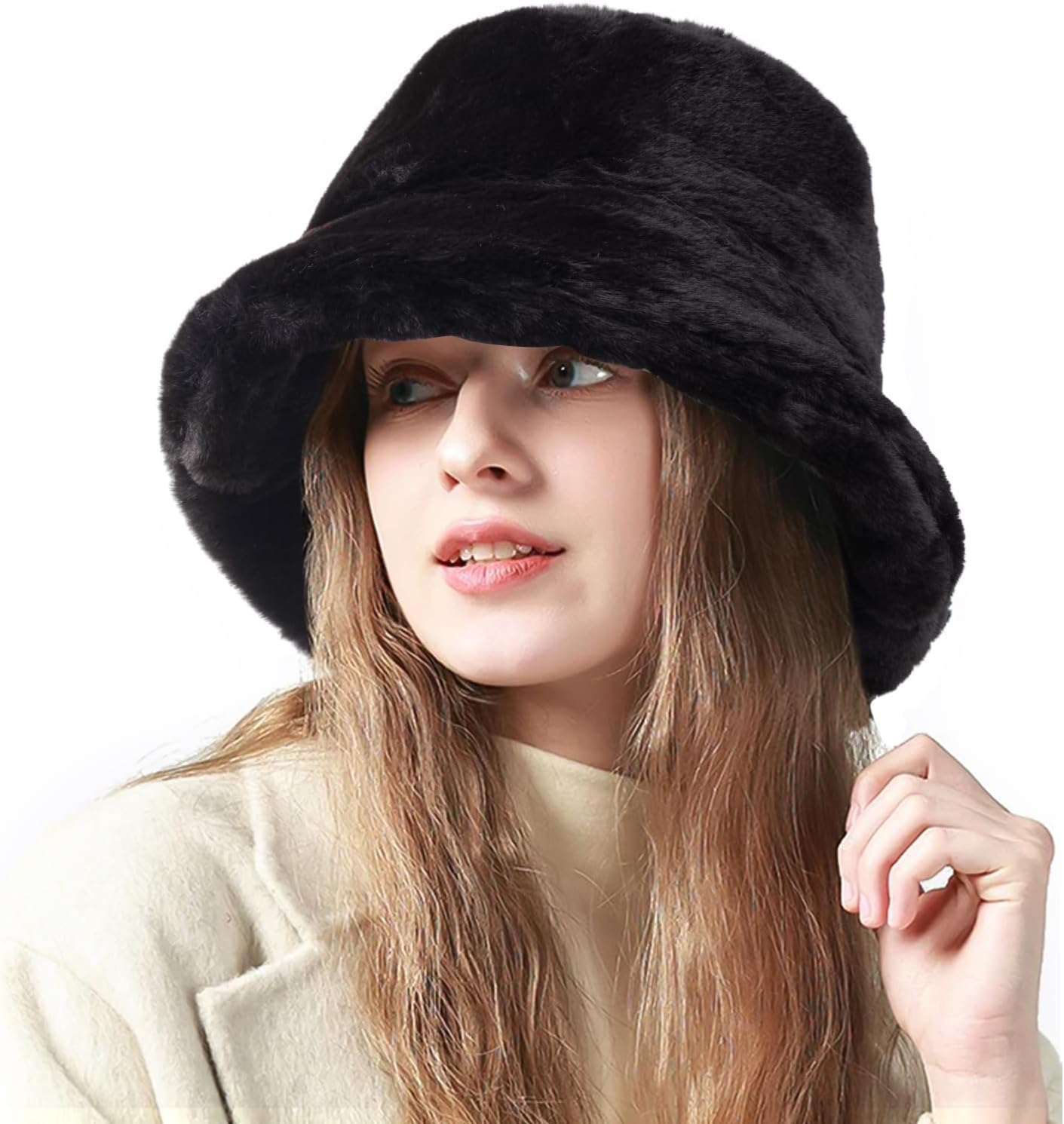 OCTEENOCTEEN Fluffy Faux Fur Bucket Hat Winter Warm Hat for Women Men