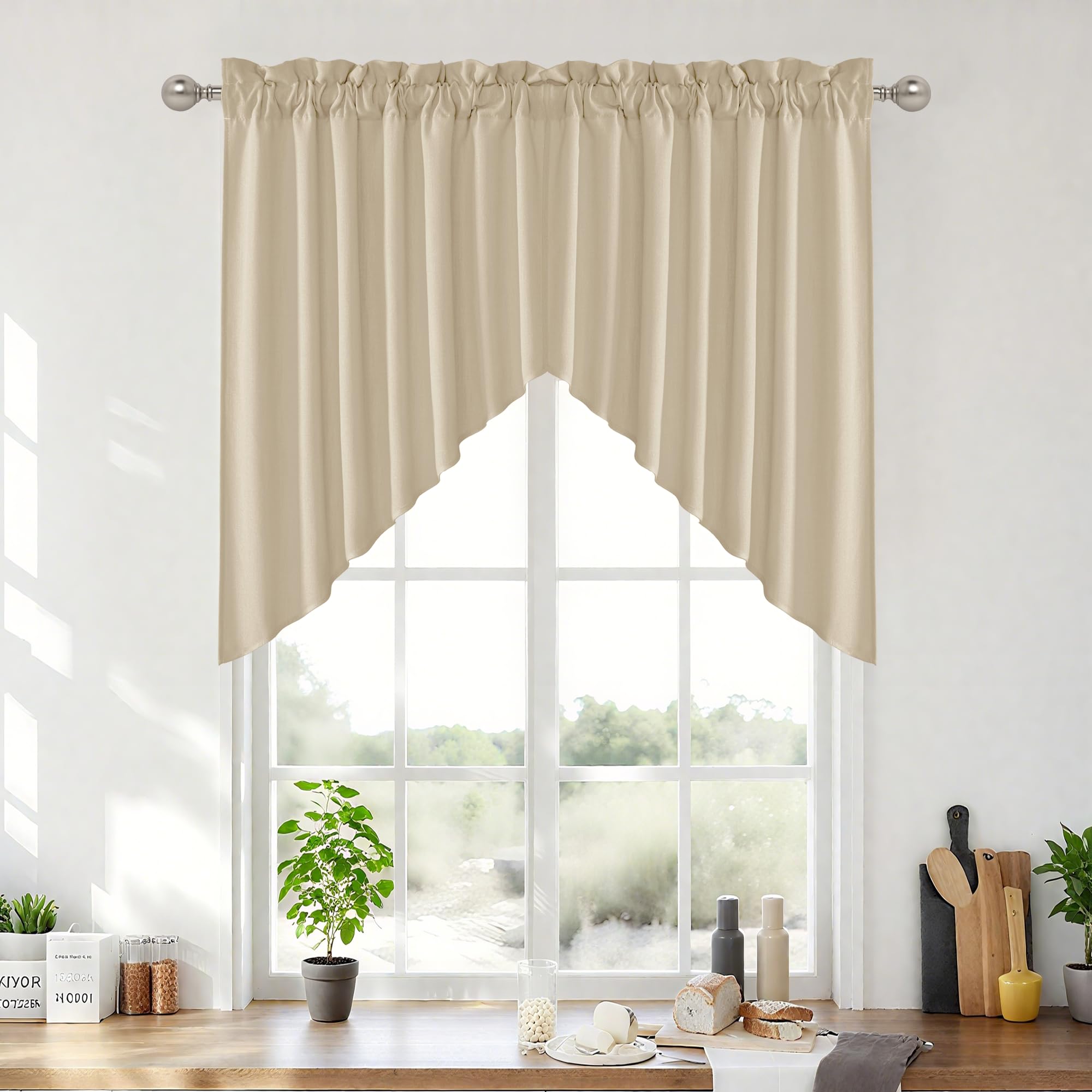 RYB HOME Faux Linen Blended 2 Panels Valance Window Topper Short Drapes Small Window Decor Privacy Protect Swag Curtain for Kitchen Living Room, Rod Pocket, Camel, W 36 x L 36 inch