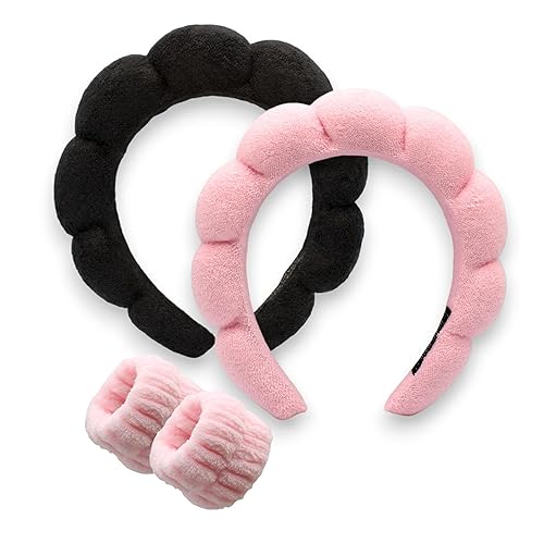 Diademas de spa para lavar la cara, maquillaje y cuidado de la piel. Juego de 2 diademas para el cuidado de la piel con muñequeras. Paño de rizo