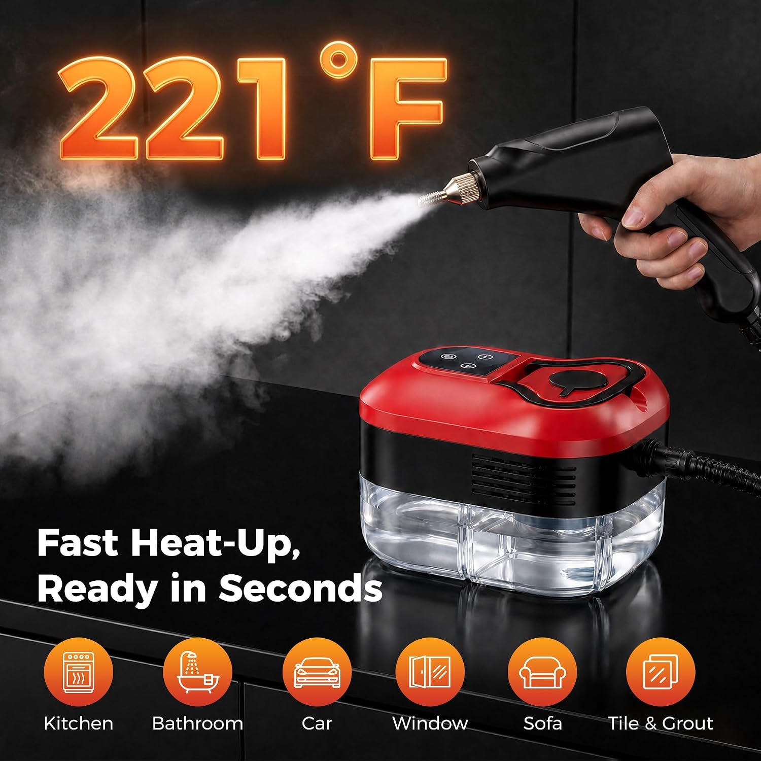 Steam Cleaner, Handheld Steam Cleaner for Cleaning, Portable Steam Cleaner with 6-Level Adjustable & Quick Heat-Up, Steam Cleaner for Home, Kitchen, Bathroom, Tile, Grout, Dirt, Car Detailing (Red)