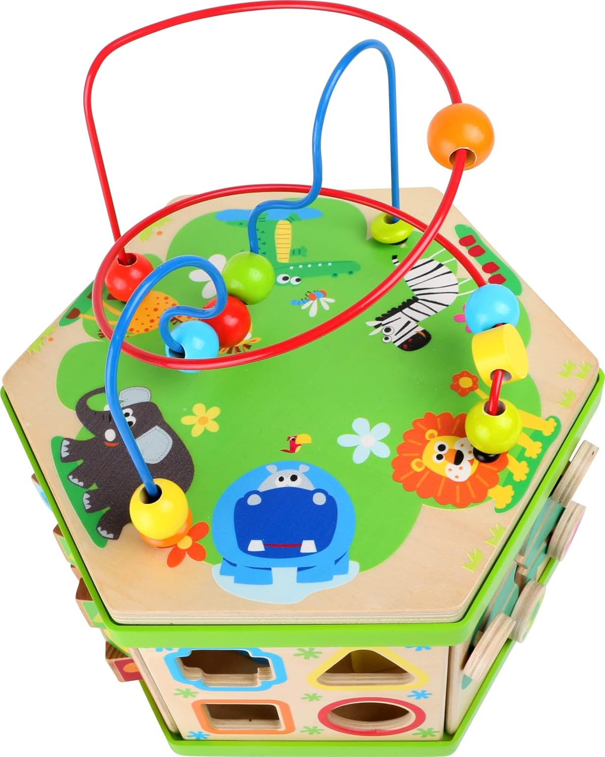 Small Foot Wooden Toys Safari Theme 12" Activity Cube Center 7-Sided Designed for Motor Skills Training Designed for Children 12+ Months, Multi