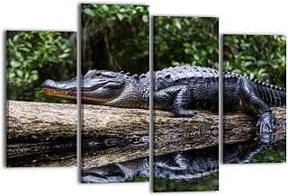 Canvas Wall Art for Bedroom 4 Panels Adult Alligator Sunning Log Framed Art Prints Wall Decor for Bathroom Ready to Hang Western Home Decor Office Bar