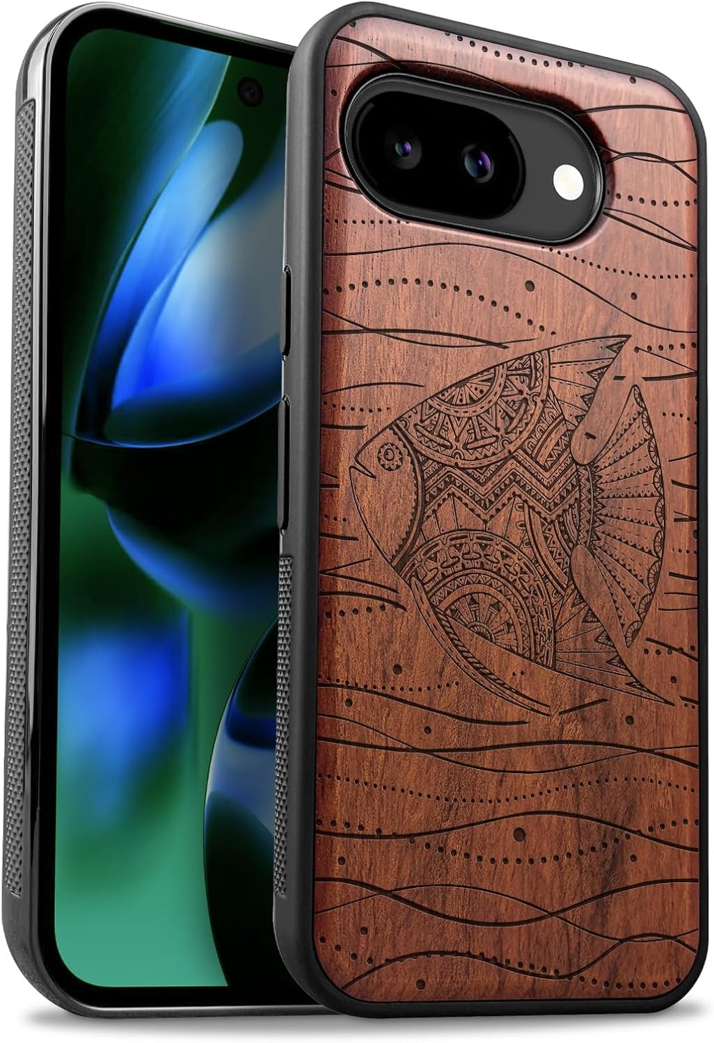 Carveit Magnetic Wooden Case for Google Pixel 10a Case, Wood Artisan Engraved & Soft TPU Shockproof Cover, Compatible with MagSafe Wireless Chargers (Ethnic Stingray) Rosy