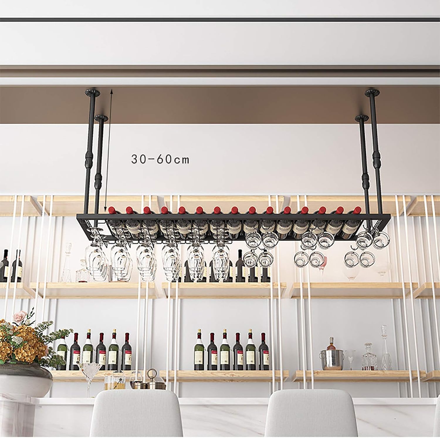 Cup Storage Holder,Adjustable Metal Wine Rack, 30-60Cm Height, Hanging Wine Glass & Bottle Holder, Stylish Iron Wine Shelf with Cup Holders for Home Decor, Space-Saving W,100x30cm