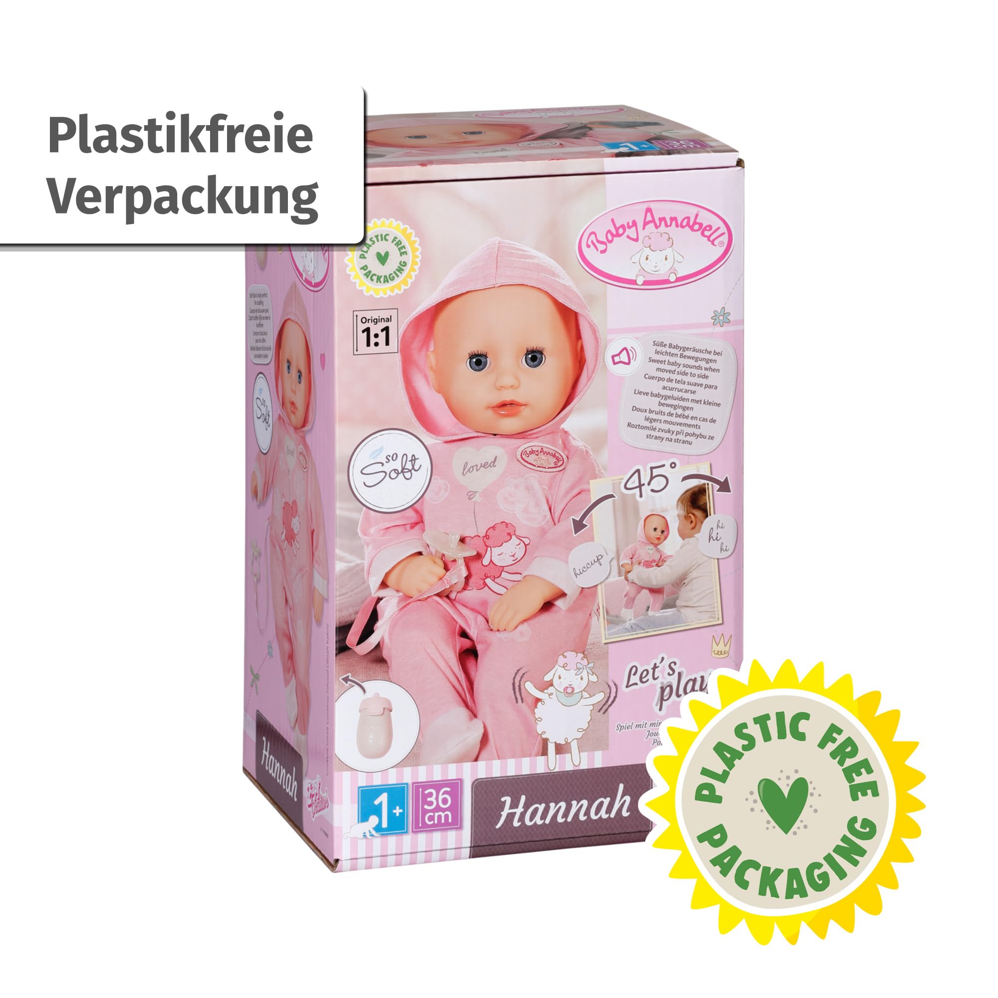 Baby Annabell Hannah Spiel mit Mir 36cm, Babypuppe mit 5 Funktionen, weichem Stoffkörper und Accessoires, 36cm große Puppe, für Kinder ab 1 Jahr, 711002 Zapf Creation