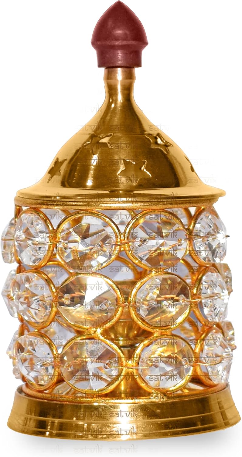 SATVIK 5 Inch Akhand Jyoti Diya with Premium Stones for Diwali Pooja. Decorative Brass Oil Lamp Whole Night Dia for Deepawali Decoration. Outdoor Mandir Decoration Housewarming Return Gift