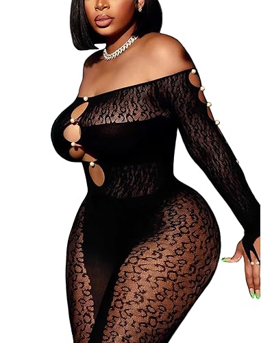 Avidlove Women Lingeries Long Sleeve Fishnet Body Stocking Leopard Sexy Outfit Rhinestone Body Suits Jumpsuit - One Size - Black