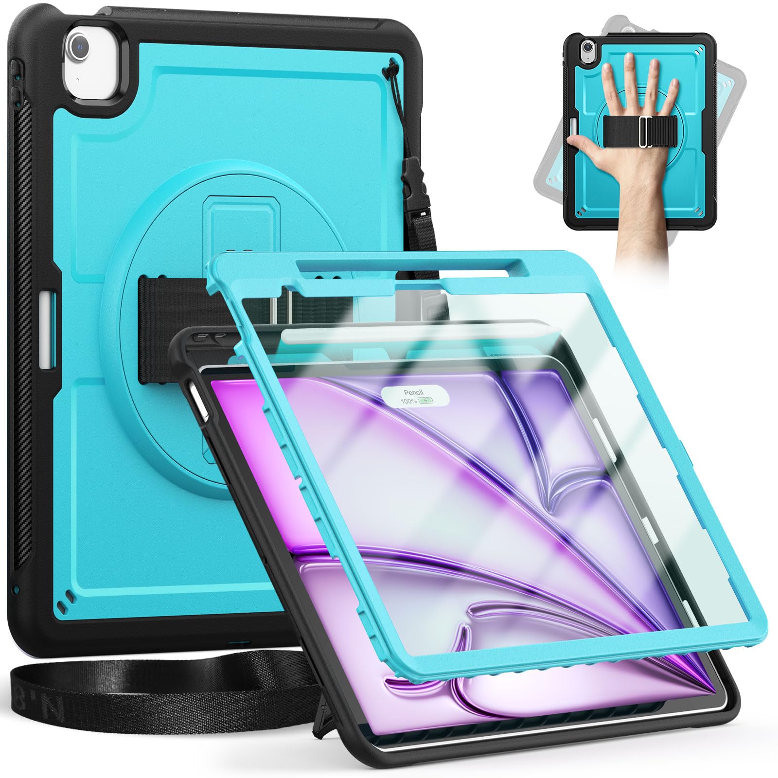 timecity Case for iPad Air 13-Inch (M3) 2025/ (M2) 2024 with Screen Protector/Pen Holder/Adjustable Hand & Shoulder Strap/ 360° Rotating Kickstand,