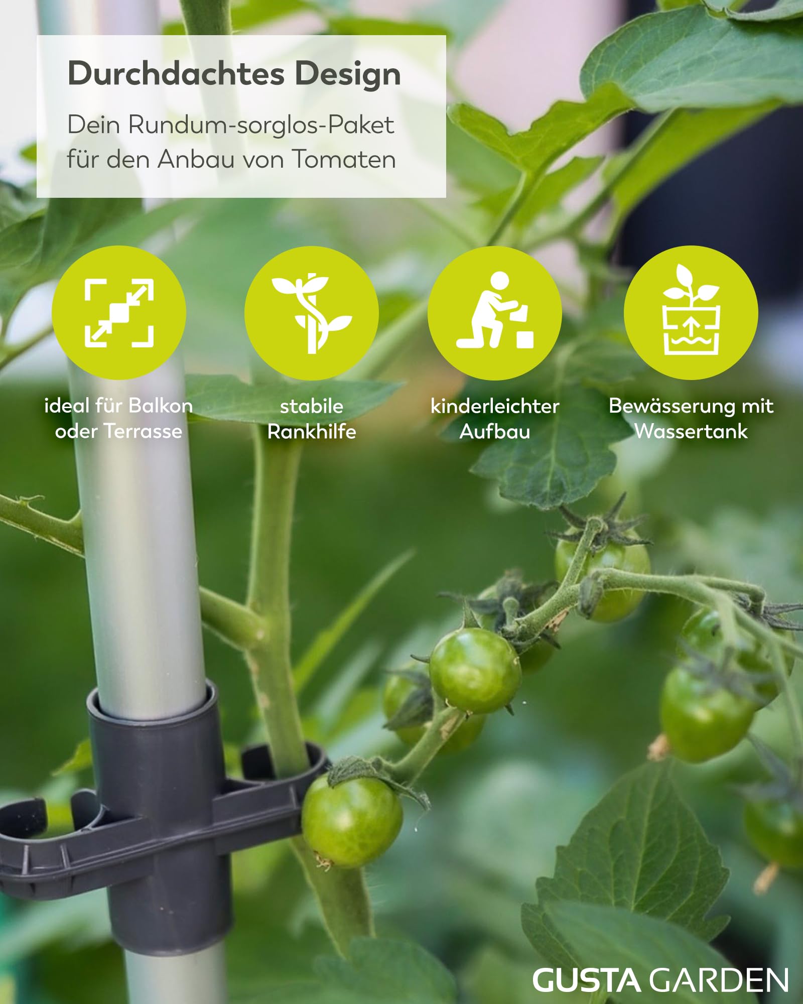 GUSTA GARDEN Tom Tomato Doniczka na pomidory, ciemnozielona – doniczka na rośliny z podpórką dla roślin pnących, systemem nawadniania i hakami mocującymi – zestaw zawiera ziemię 20 l – zbiornik na