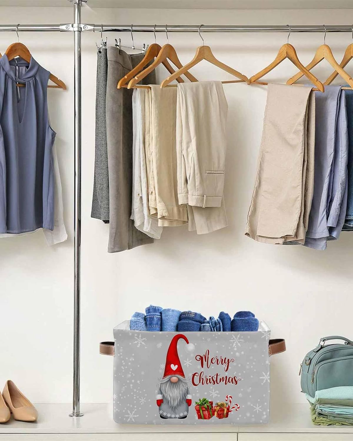 Large Storage Baskets Bins 2 Pack Christmas Collapsible Storage Box Laundry Organizer for Closet Shelf Nursery Kids Bedroom Gray Xmas Gnomes Rustic Winter Farm Merry Christmas