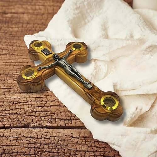 Miniatura 8 de 3 ARCHES USA Cruz de madera de olivo con crucifijo de 11 pulgadas de altura, cruz cristiana para colgar en la pared con 4 (cuatro) reliquias sagradas