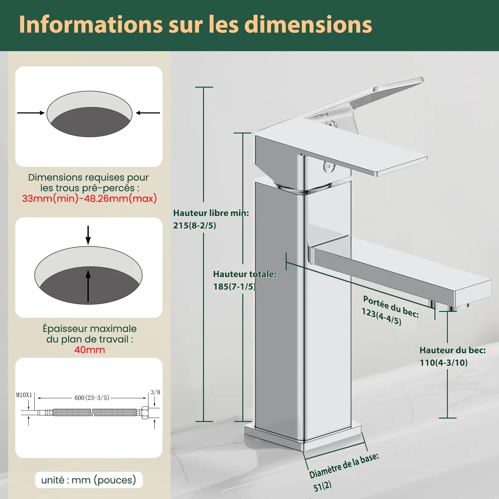 Mitigeur de lavabo à un trou, forme carrée, chorm, monocommande avec cartouche céramique, en acier inoxydable（2,chorm,avec groupe de vidage)