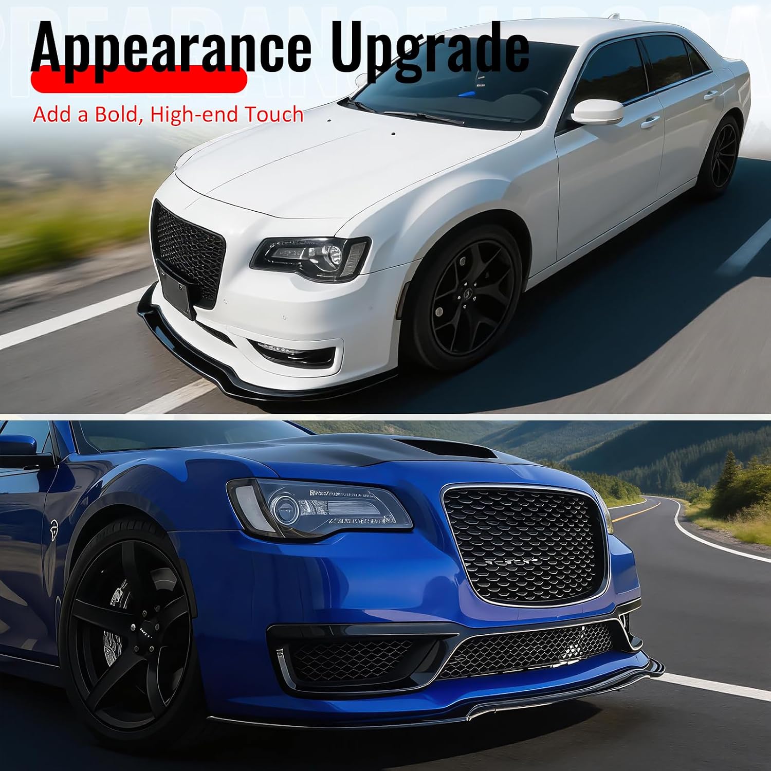 IKON MOTORSPORTS Front Bumper Lip, Compatible with 2015-2023 Chrysler 300 SRT, IKON Style Gloss Black PP Polypropylene Add-on Air Dam Chin Spoiler Protector Splitter 3PCS