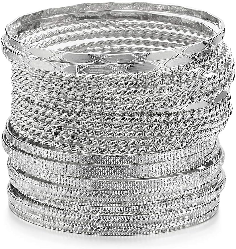 Mixed Metal Textured Multiple Bangles&Bracelets Set 23pc/Set 2.68" Dia