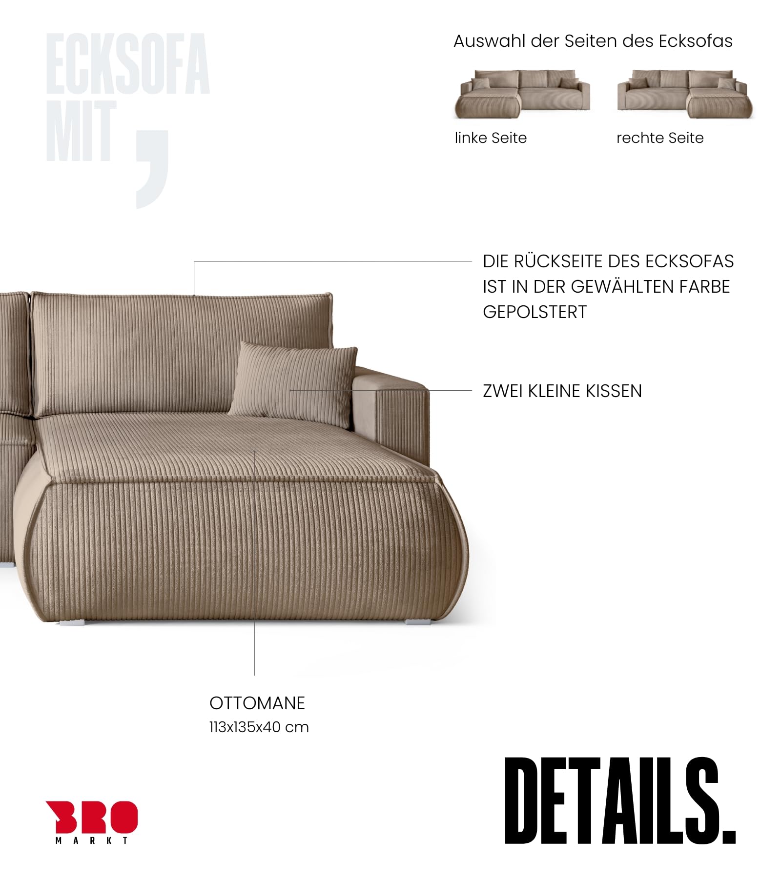 BROMARKT Ecksofa mit Schlaffunktion Couch L Form 270x173x80 cm Beige | Sofa mit Bettkasten Wohnlandschaft Schlafsofa freistehend HAVANA Schlafcouch mit Stauraum Cord 3 sitzer Sofabed Eckcouch