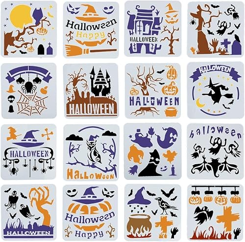 GORGECRAFT Plantillas de calabazas de 5 pulgadas, 16 estilos, pintura reutilizable, plantilla de Halloween, plantillas de dibujo de plástico,