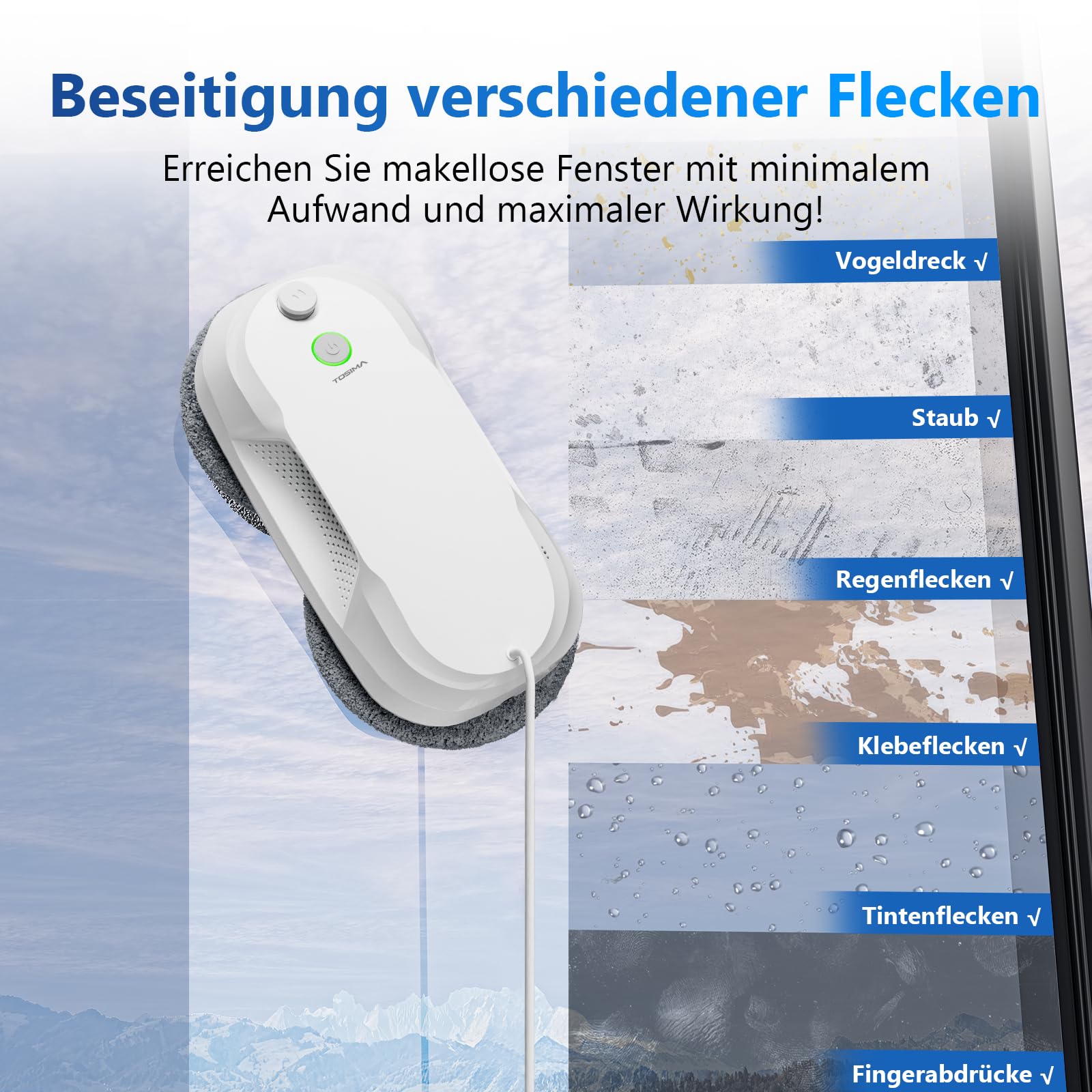 Tosima W5 Fensterputzroboter mit bidirektionalem Ultraschall-Nebelsprühfunktion, 6400Pa adaptiver Saugkraft und intelligenter Kantenerkennung für gründliche Fensterreinigung, 2026 verbesserte Version