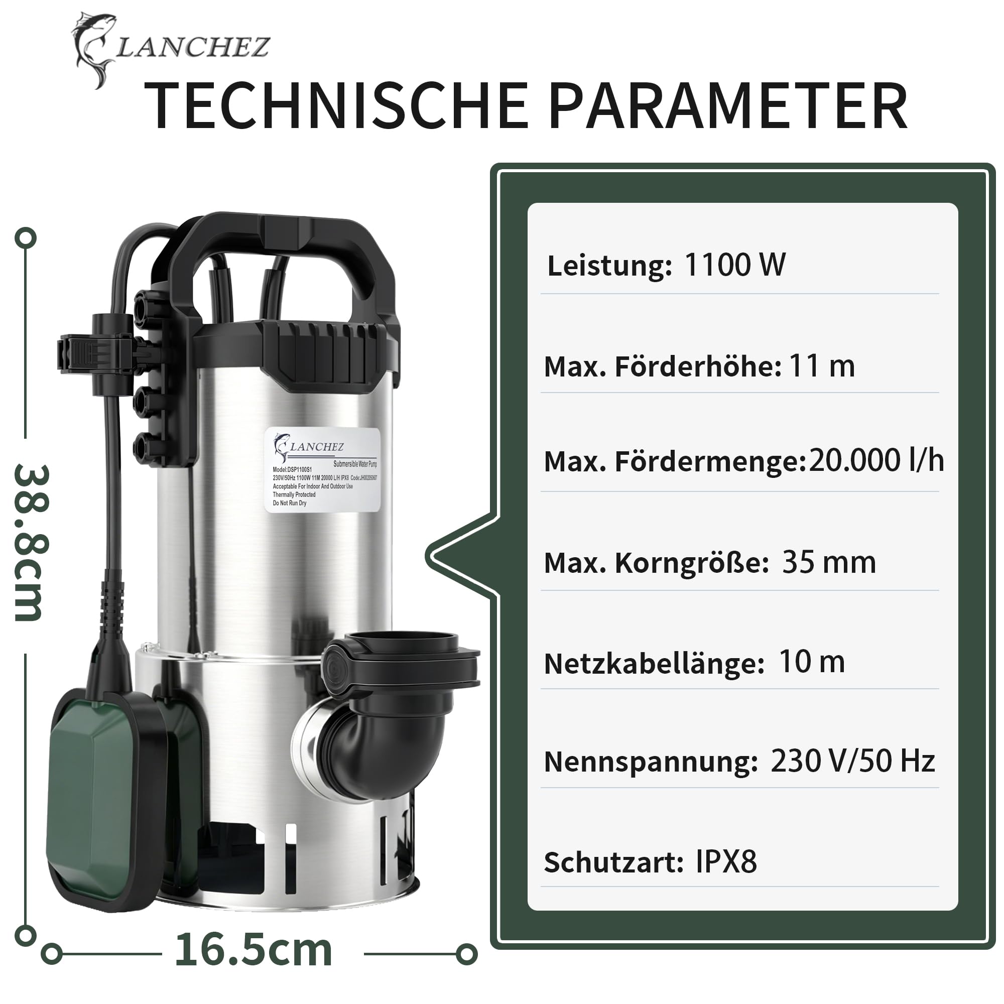 LANCHEZ Edelstahl Schmutzwassertauchpumpe 1100W, 20.000 l/h, Förderhöhe 11 m, Max durchlässige Partikelgröße: 3,5 cm, Einstellbarer Schwimmerschalter, Thermoschutz, für Pool, Schacht, Garten