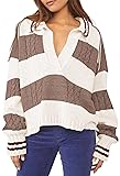 Pink Queen Women's 2024 Fall Casual Oversized Pullover Sweaters Lapel Collar V Neck Long Sleeve Cable Knit Striped Jumper Top