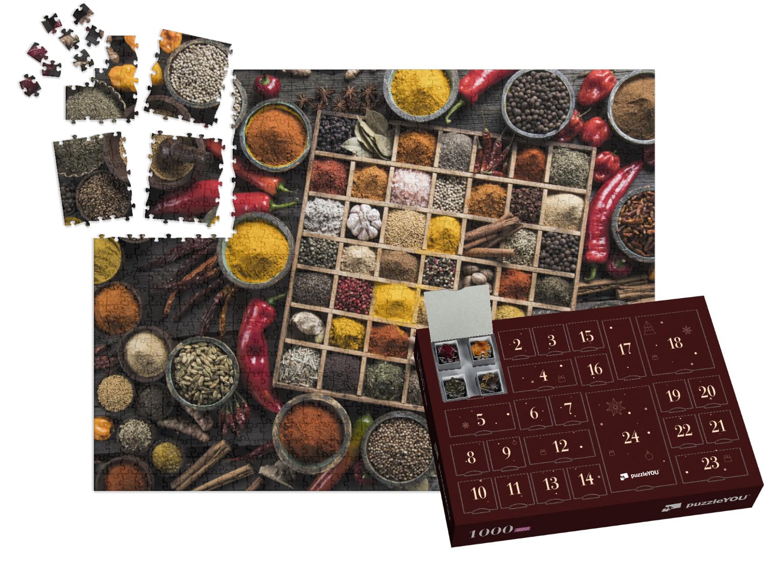 puzzleYOU: Puzzle-Adventskalender | „Holzkiste mit diversen Gewürzen und Kräutern“ – aus der Puzzle-Kollektion Gewürze
