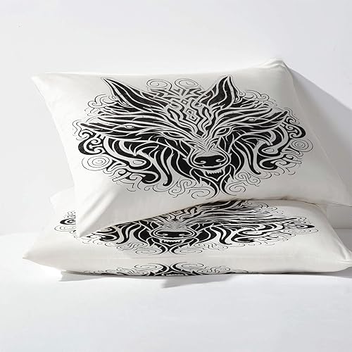 Miniatura 10 de Juego de sábanas de lobo vikingo tamaño California King, sábanas de mitología nórdica, sábanas y fundas de almohada estampadas, juego de 4 piezas,