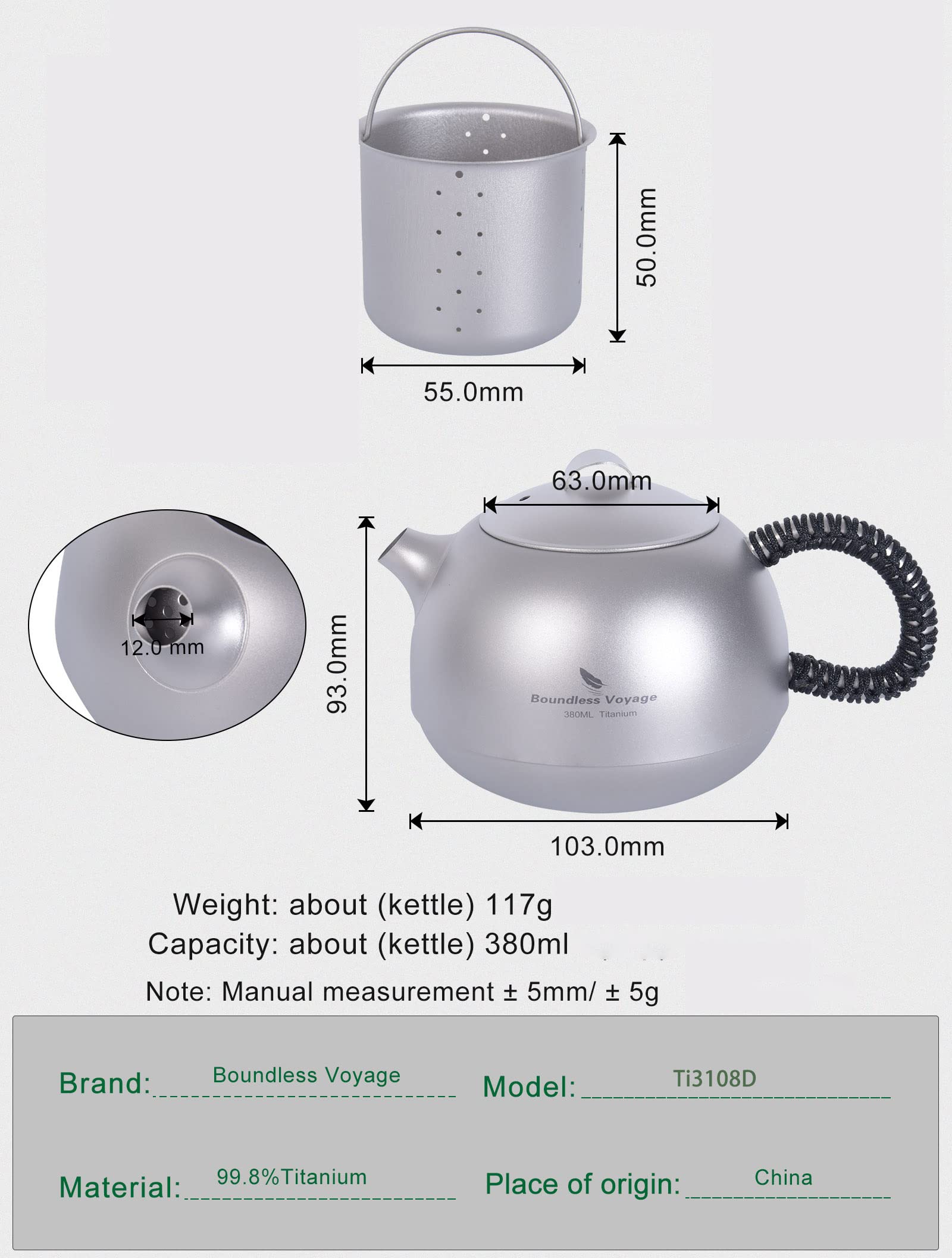 Boundless Voyage 380ml Titan-Teekessel mit Filter Outdoor-Teekannen-Set Camping-Kaffee-Teebereiter (Ti3108D-Nur 380ml Teekanne)