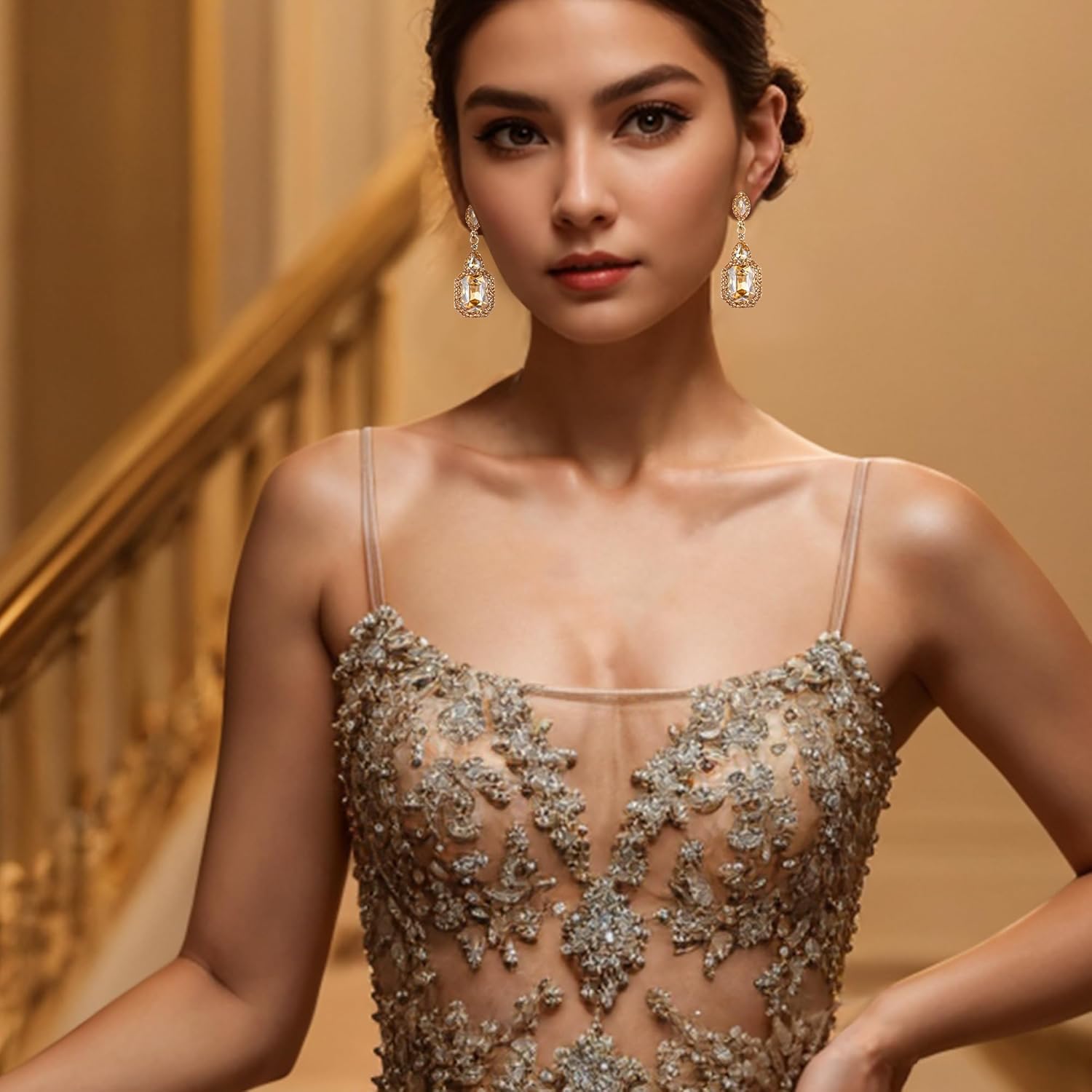 BriLove Women's Wedding Bridal Crystal Emerald Cut Infinity Figure 8 Chandelier Clip-On Dangle Earrings - Image 2