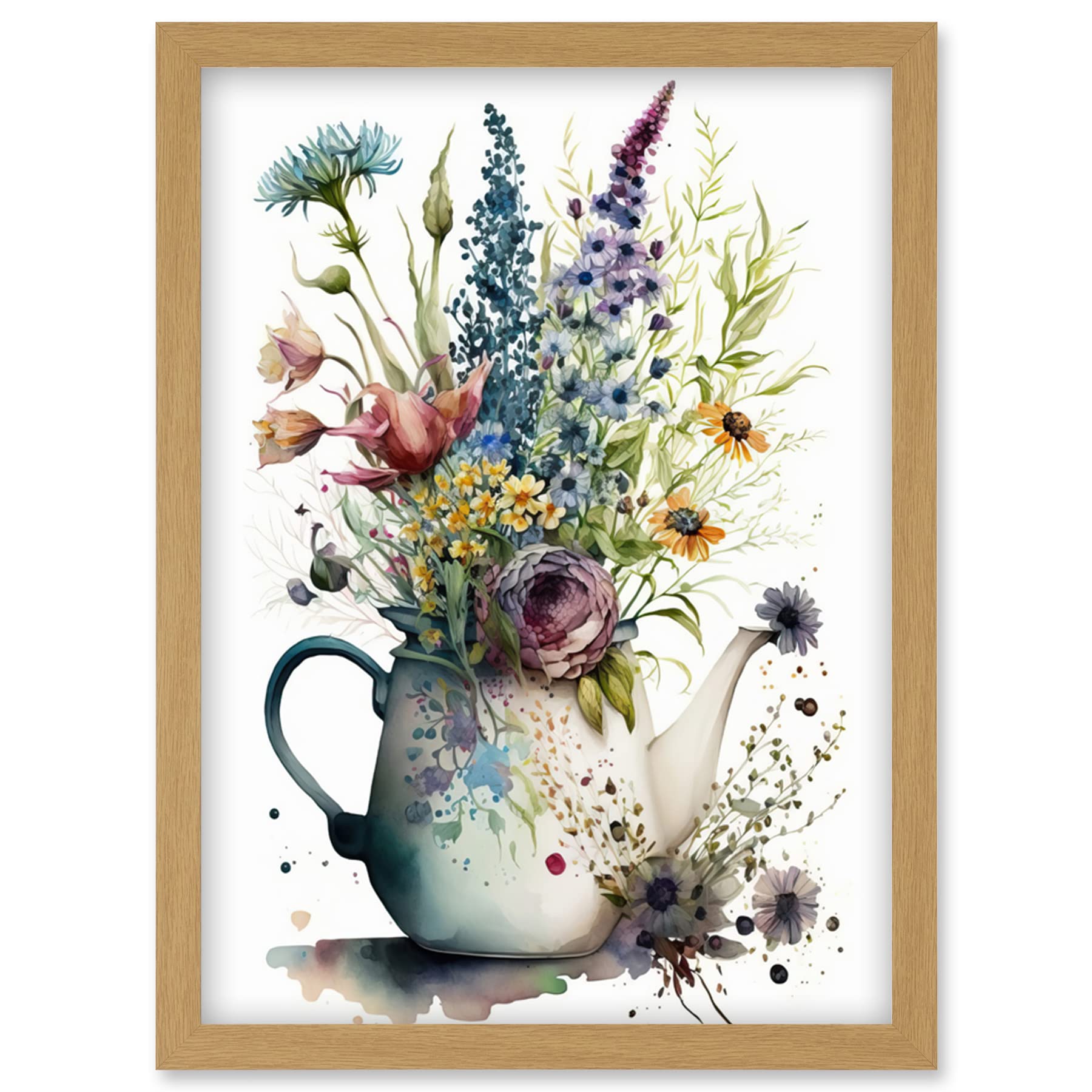Artery8 Spring Wildflower Floral Bouquet in a Teapot Vase Artwork Framed Wall Art Print A4