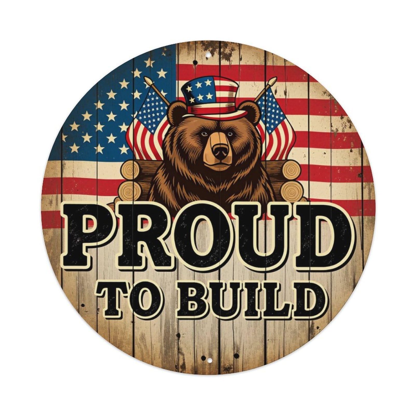 Bear With American Flag Hat Metal Tin Sign Plaque