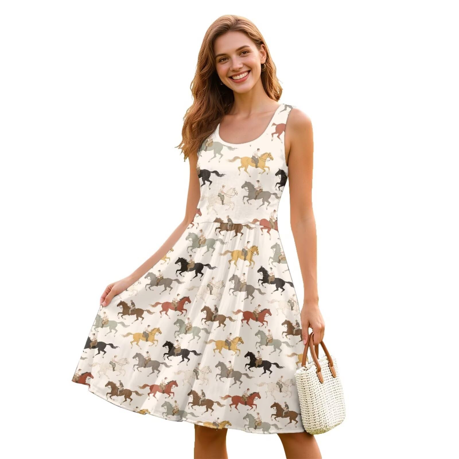 Women Stylish Tank Dresses Sleeveless Round Neck Midi Casual Dress with Pocket for Summer