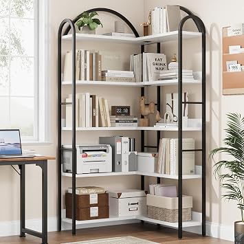Arched Corner Bookcase with Storage,L Shaped Bookshelf Industrial Large Bookshelf with Metal Frame, Corner Shelf Display Rack for Living Room, Bedroom, Home Office, White