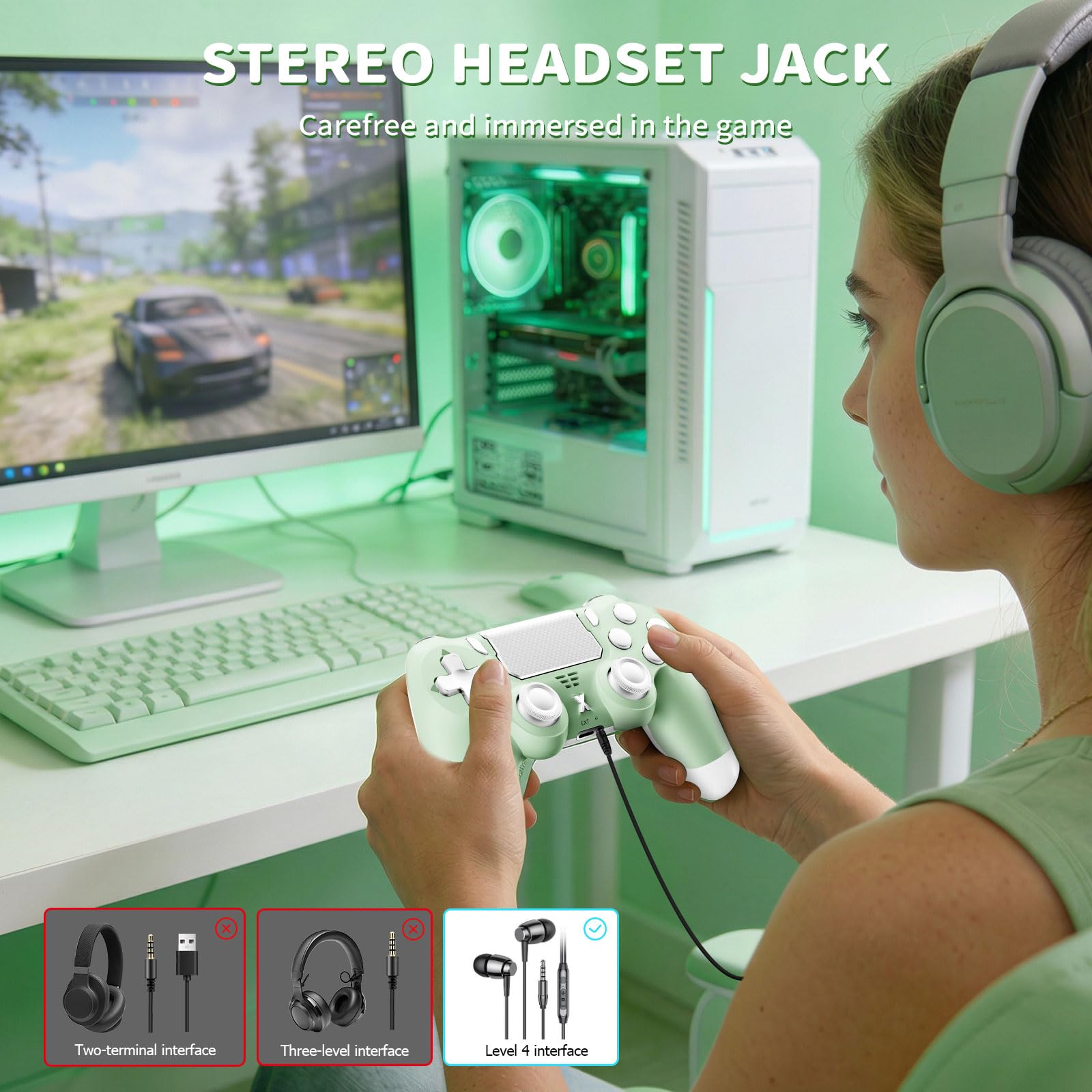 Suoxiom Wireless Controller for PS4, Game Controller for P4/Slim/Pro/PC, Bluetooth Gamepad Joystick with Vibration Touch Panel, Upgraded Six-Axis Sensor, 3.5mm Audio Jack (Light Green) — view 8