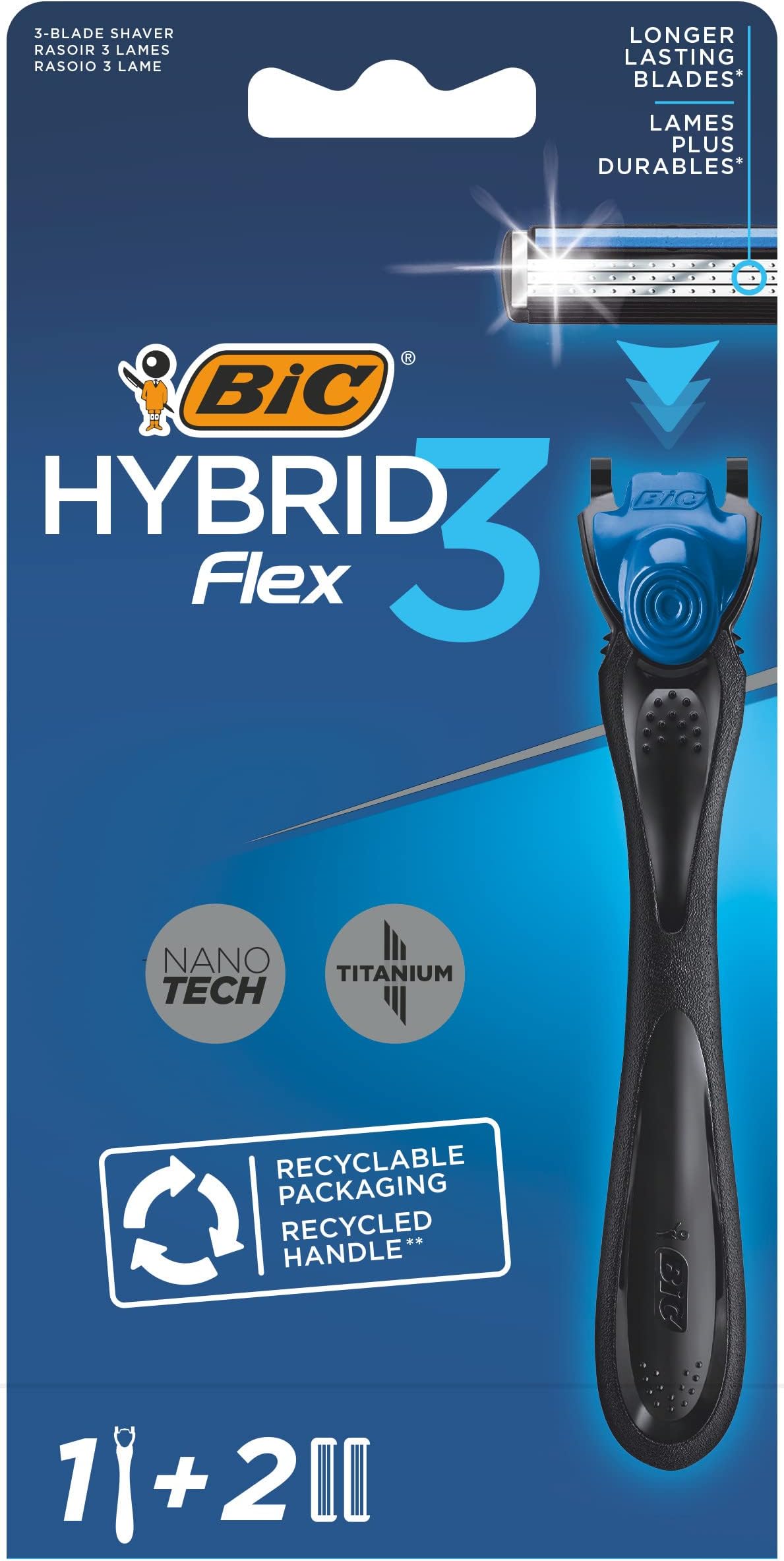 Hybrid 3 Flex Refillable Men's Shaver Kit, 90% Recycled Plastic Handle and 3-Blade Refills - Box of 1+2