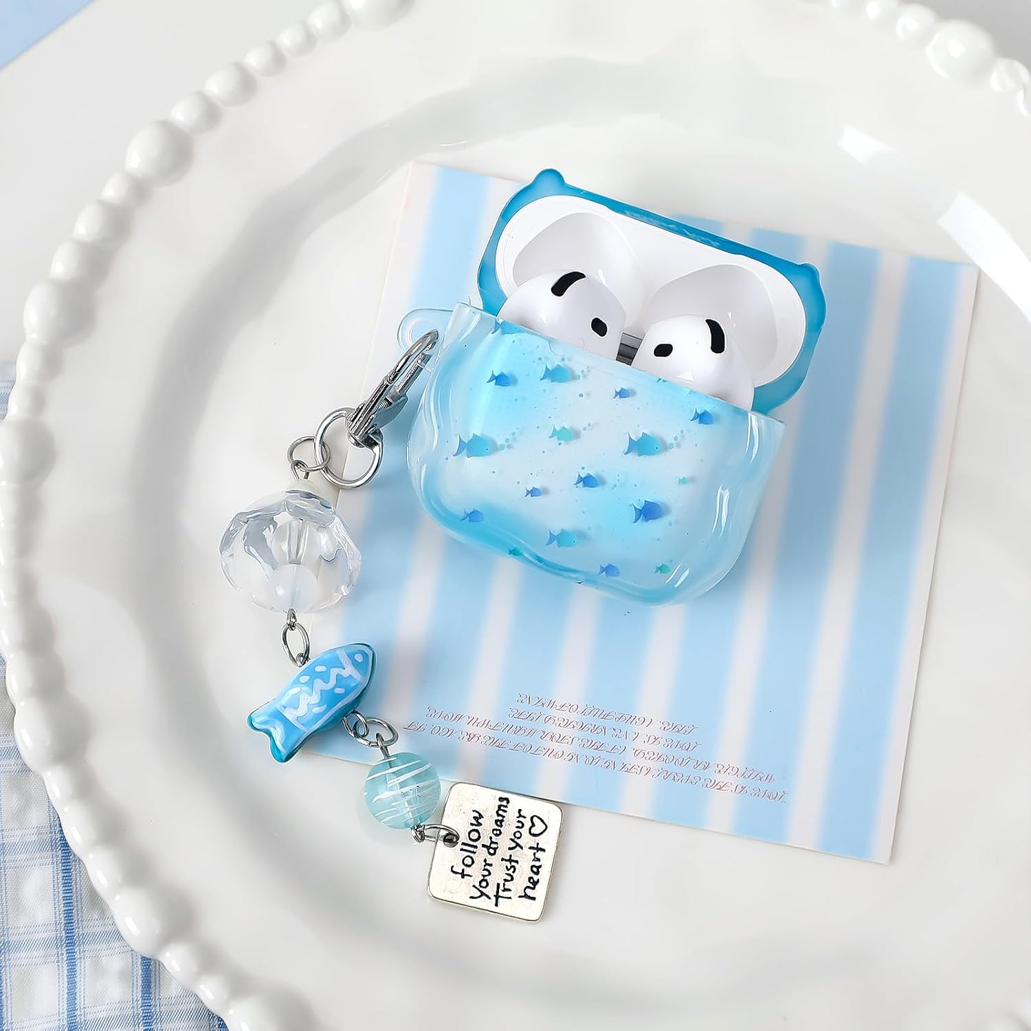 Compatible with AirPods 4 Case Soft TPU with Cleaner Kit Creative Cute Little Fish Star Keychain Shockproof Cover for Airpods 4th Generation(2024) -White Blue image 2