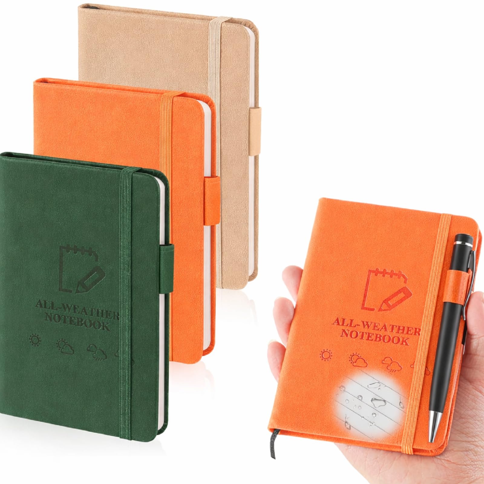 3 Packs A6 Waterproof Notebook, Stone Paper Notepad, Green, Orange, Khaki