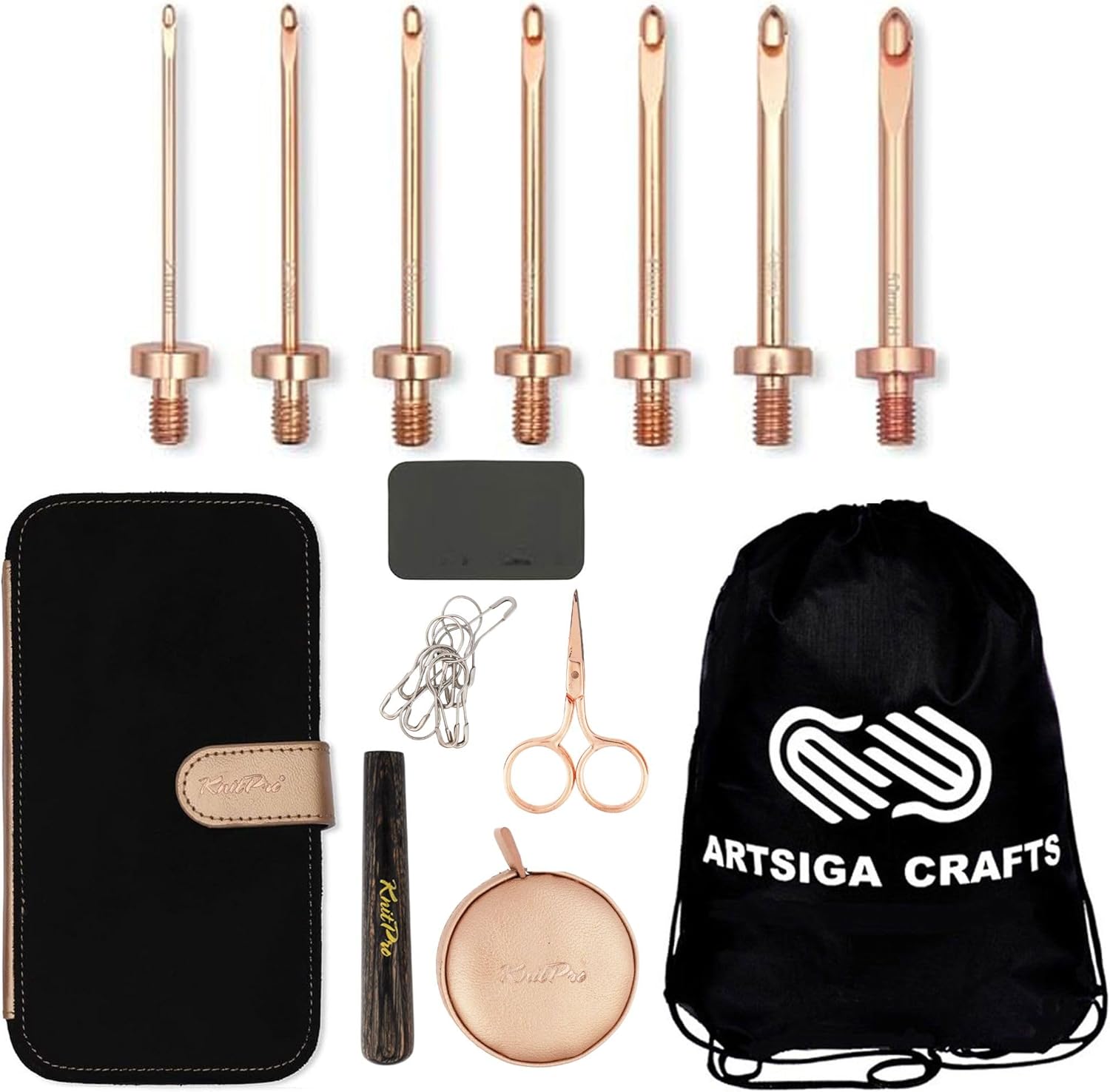 KnitPro Oasis Starter Set Crochet Hooks 2 inch Size 2.0, 2.5, 3.0, 3.5, 4.0, 4.5, 5.0 mm Interchangeable, Stitch Markers, Measuring Tape & More, Fabric Case with Project Bag