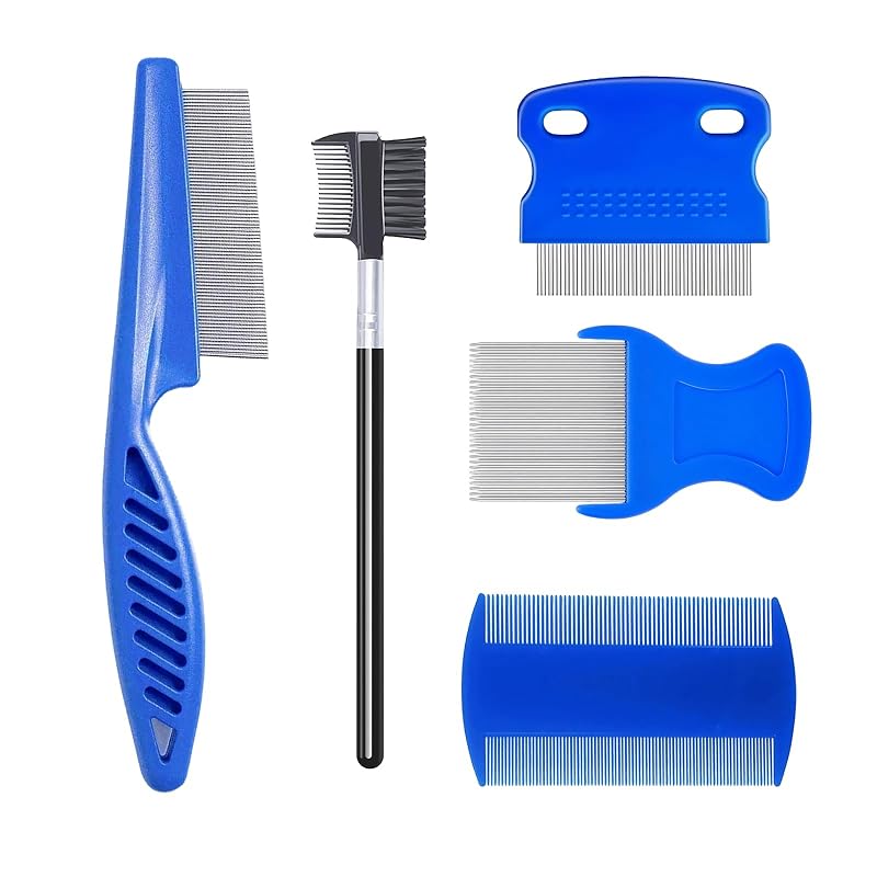 Pente para gatos e cães com dentes finos em aço inoxidável MEDUWEDU, Azul, Pacote com 5
