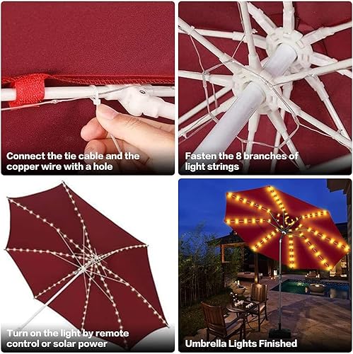 Miniatura 9 de Luces solares para sombrilla de patio al aire libre, impermeables, 104 LED, 8 modos, para colgar, decoración de sombrilla, luces de poste con