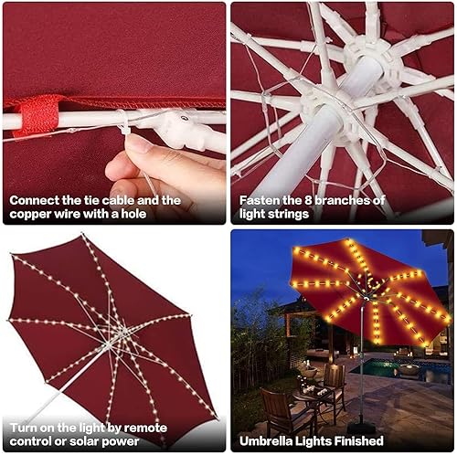 Miniatura 5 de AMZSTAR Luces solares para sombrilla de patio con control remoto, 8 modos, 104 luces LED, impermeables, luces de sombrilla para decoración al aire
