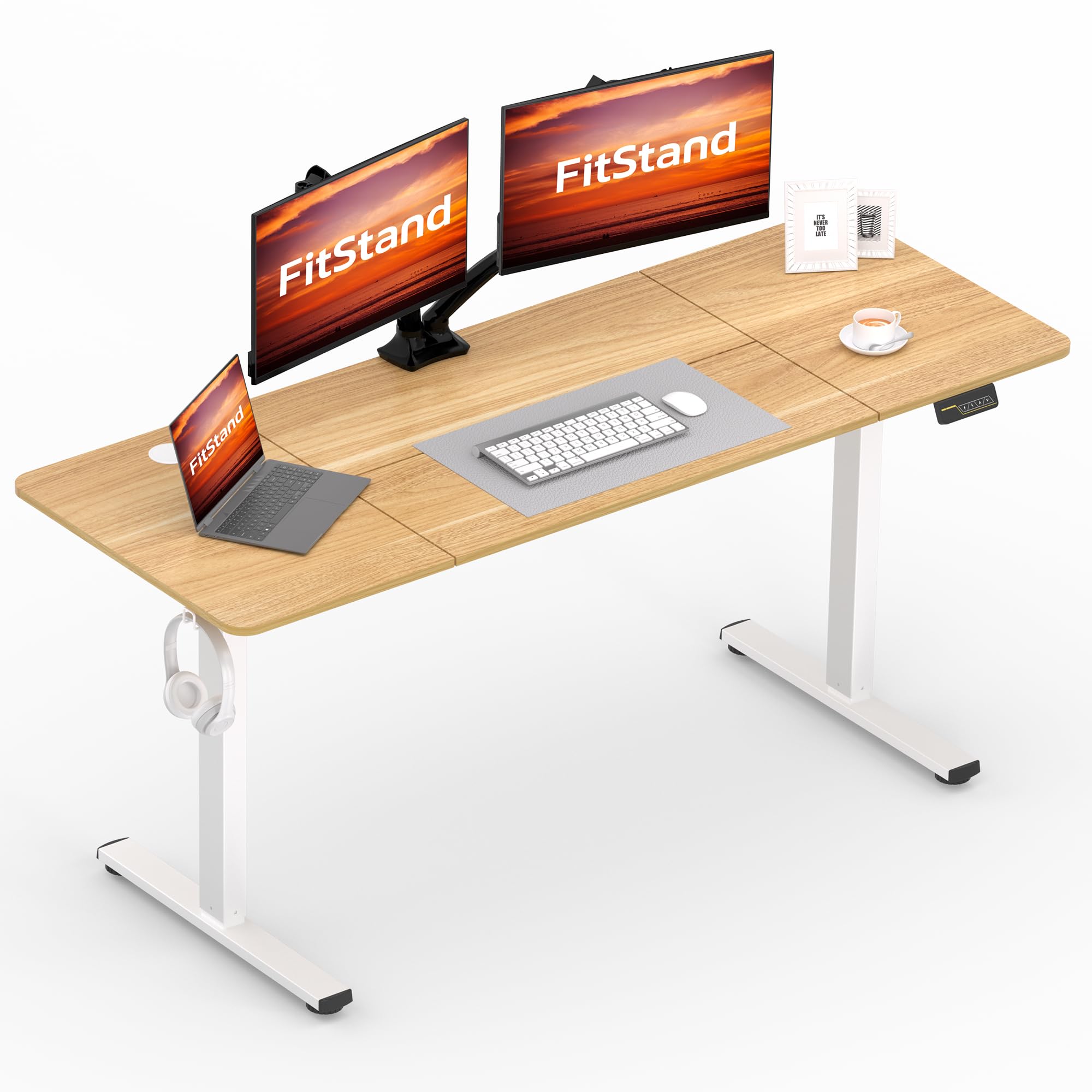 FitStand FQ1 160x60cm Electric Height Adjustable Standing Desk, Sit Stand Desk, Computer Desk With Hooks, Child Lock, Memory Function, Suitable For Office And Home - Maple