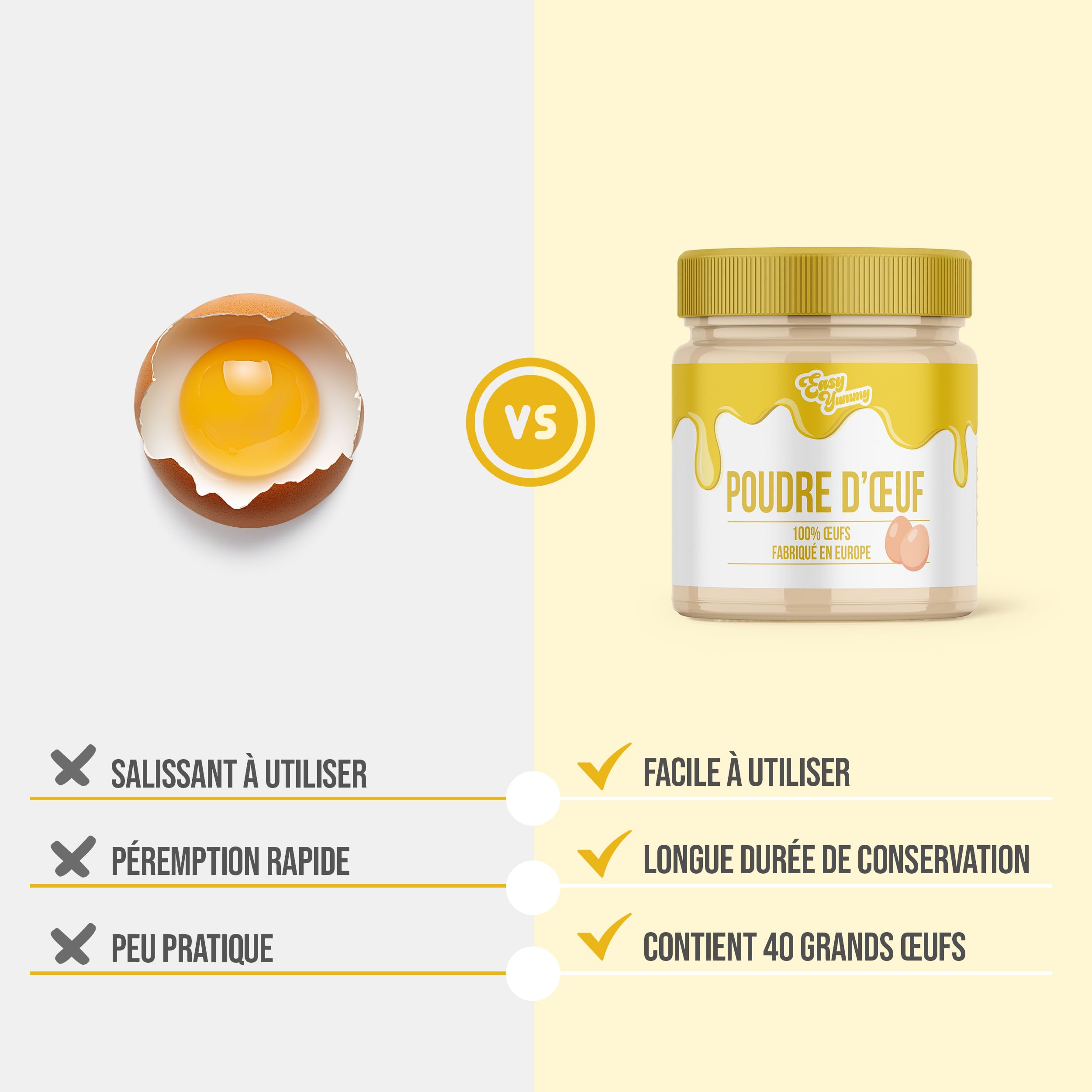 EASY YUMMY - Œuf entier en poudre pour la cuisine (500g), 100% d'œuf en poudre