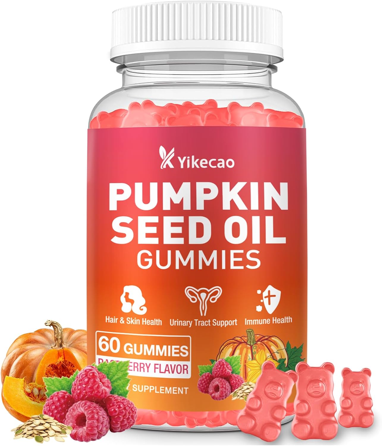 Pumpkin Seed Oil Gummies, Pumpkin Seed Oil Supplement with Saw Palmetto for Hair Growth, Youthful Skin & Prostate Health, Non-GMO, Gluten Free, Vegan, Sugar Free, Raspberry Flavor, 60 Count