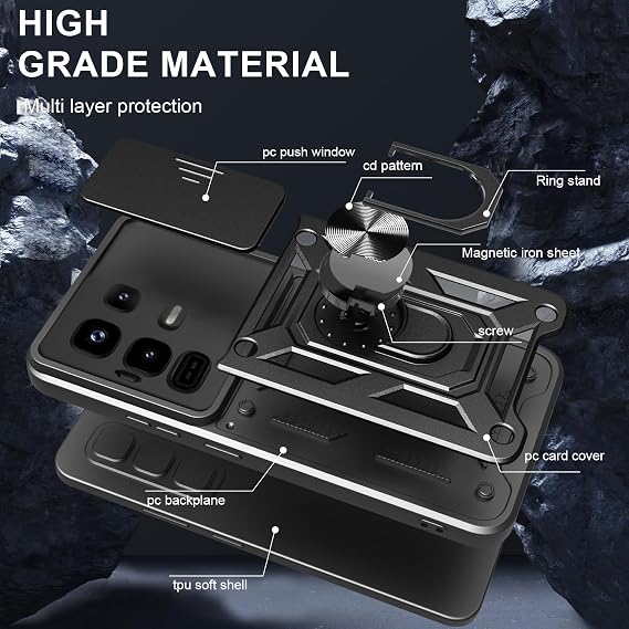 for Infinix Note 50 Pro Plus 5G Case with Slide Camera Cover and Stand Kickstand Ring with Tempered Glass Screen Protector [2 pieces],Military Grade Shockproof Protective Cover, Black